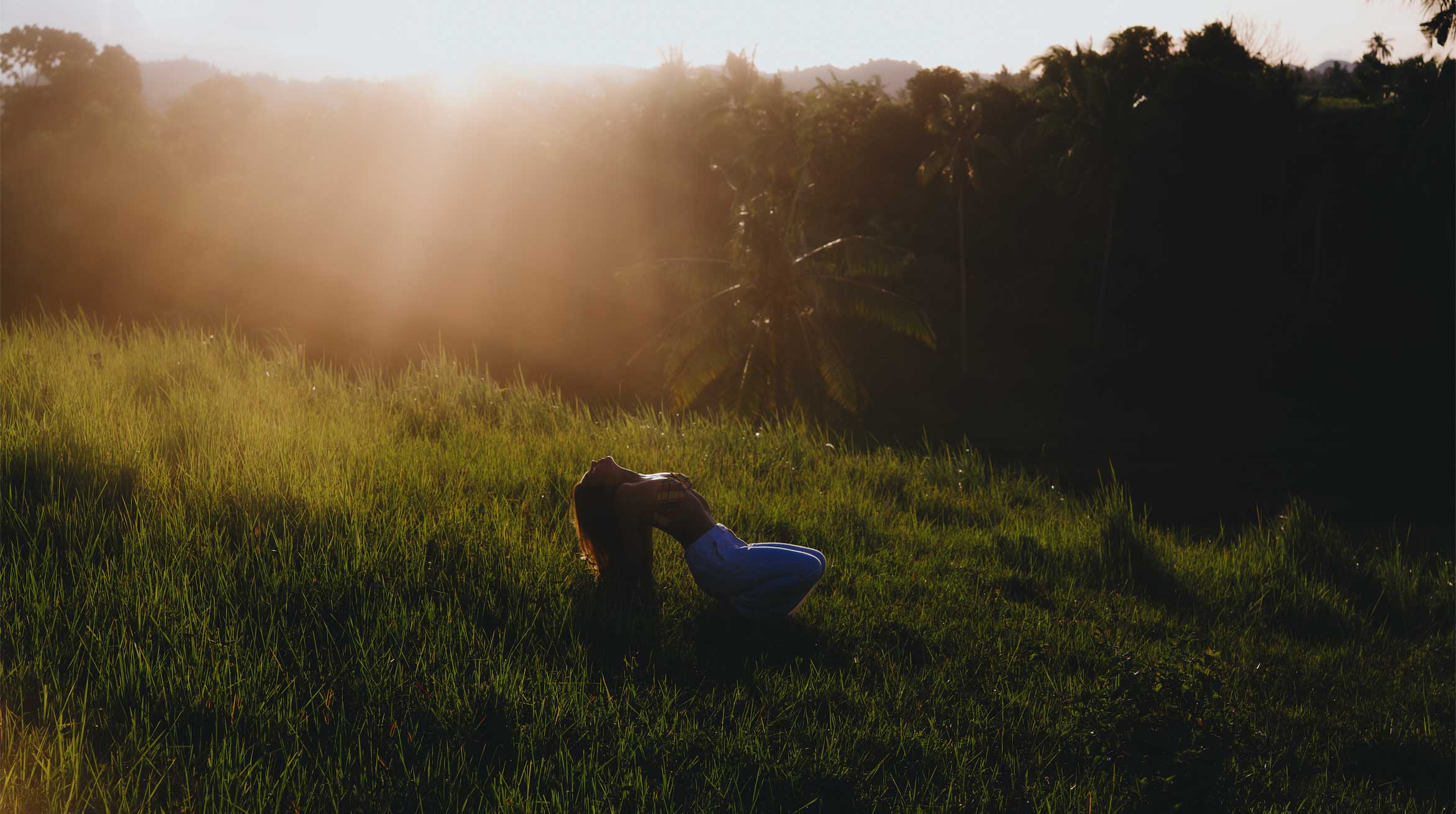 Woman arching back in tall grass under golden sunlight, channeled brand design by Ari Saso